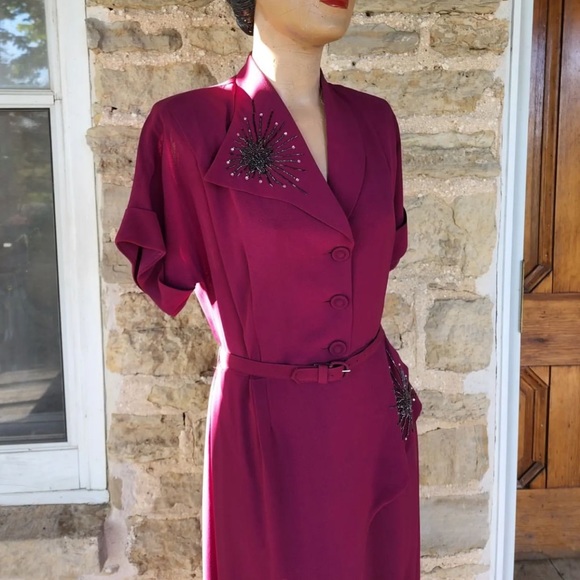 Authentic Original Vintage Style Dresses & Skirts - 1940s beautiful vintage, plum color rayon crepe dress